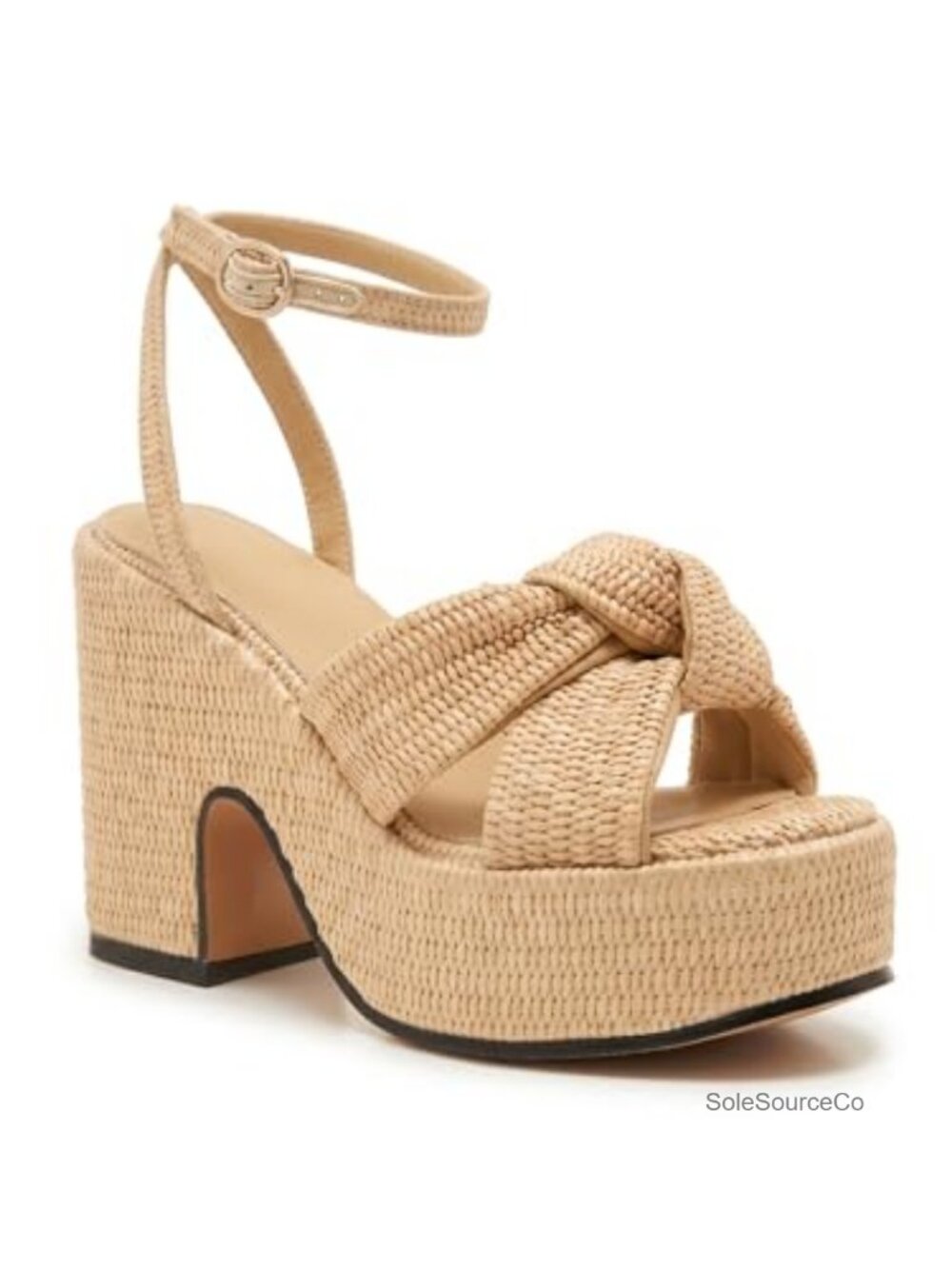 Raffia Woven Platform Heeled Sandals Open Toe Ankle Strap Block Heel Summer